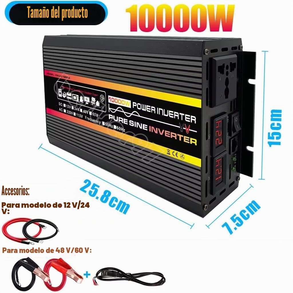 Inversor de alimentación de 10000w DC 12v 24v 48v a AC 110v 220V convertidor con Pantalla LED Onda sinusoidal Pura (48v - 220v)