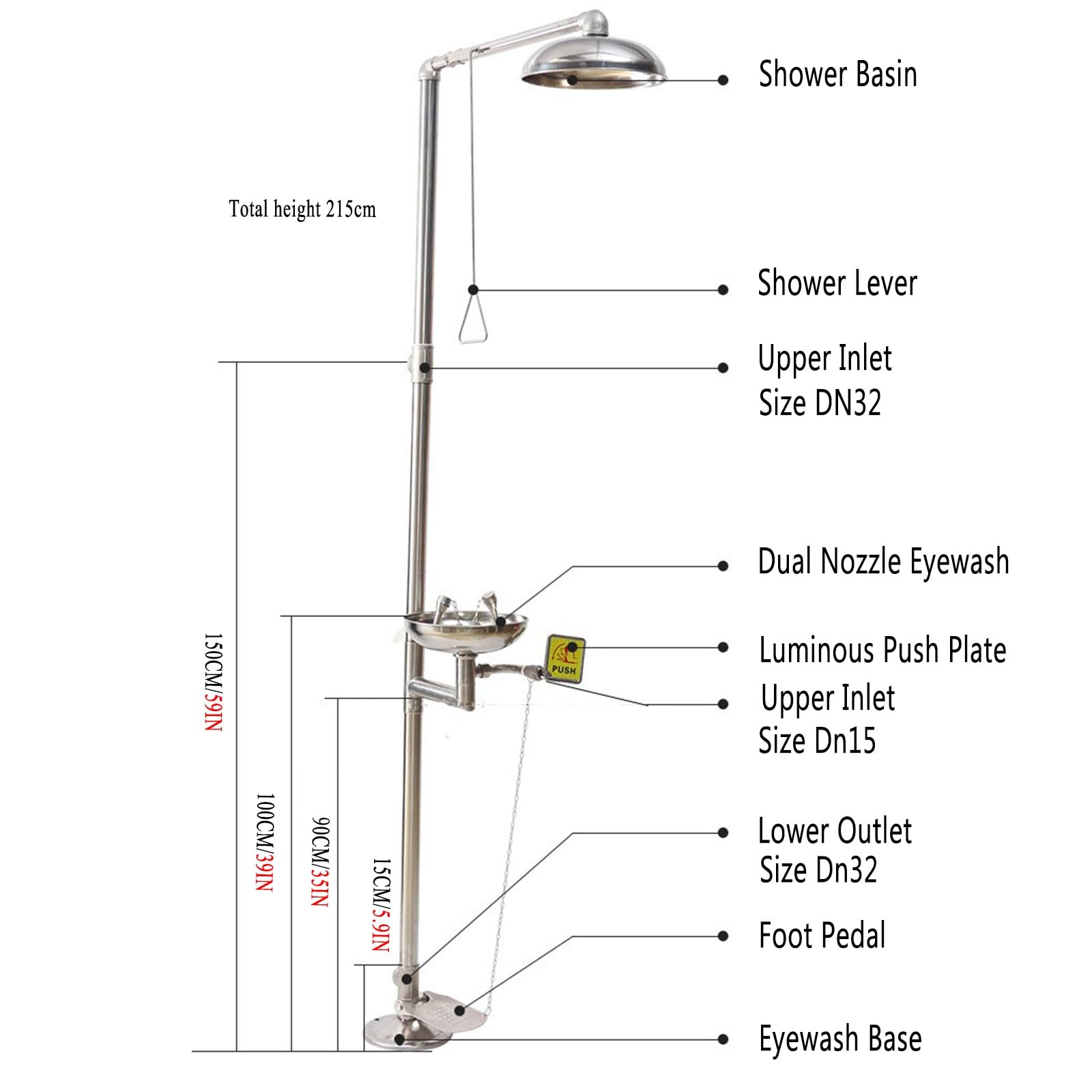 Estación de Ducha lavaojos de Emergencia, lavaojos de Acero Inoxidable 304 con Pedal agrandado, Sistema de Ducha y lavaojos Seguro Integrado para Limpieza de em,Single Inlet