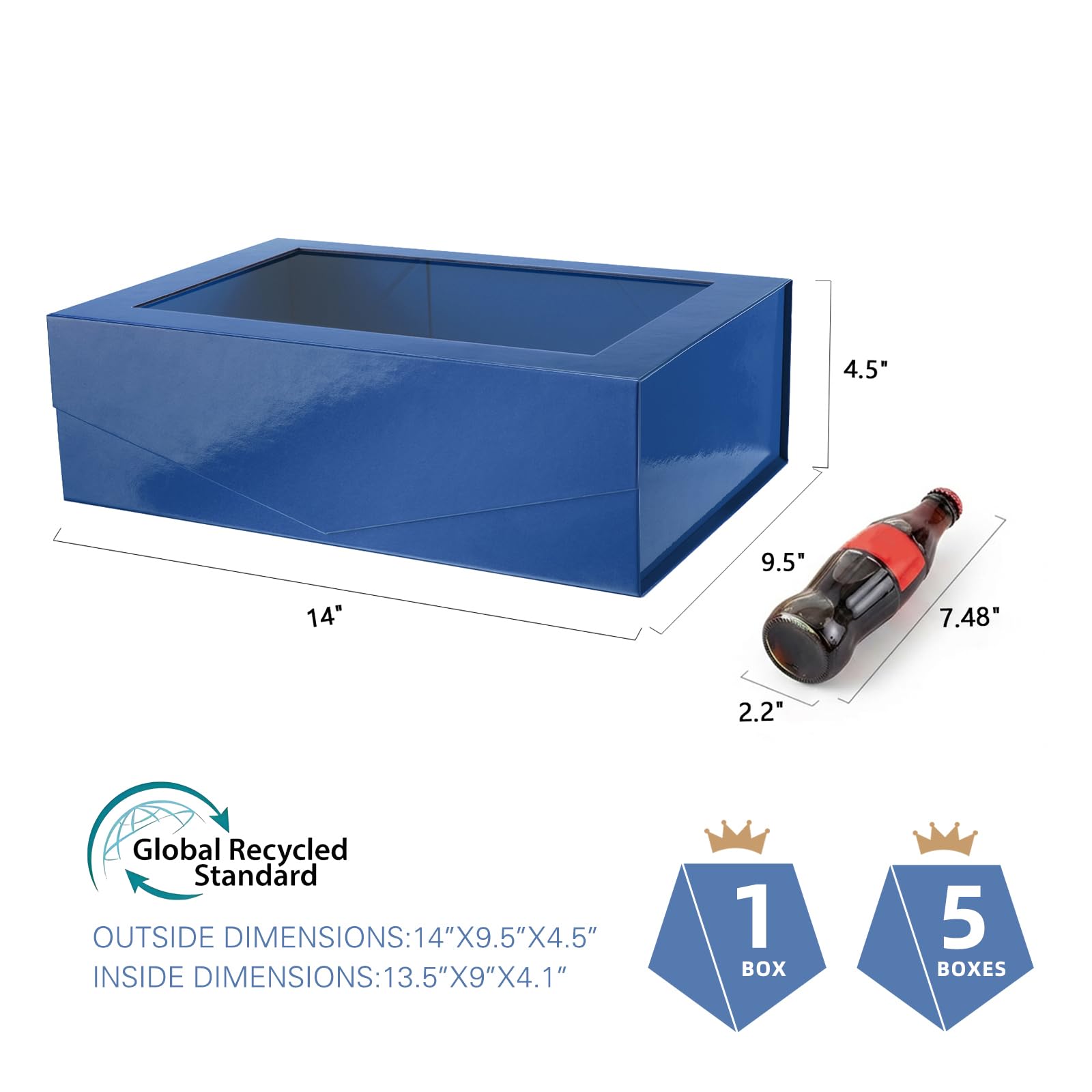 PACKQUEEN 5 große blaue Oster-Geschenkboxen mit Fenster, 34,9 x 22,9 x 10,4 cm, transparente Geschenkboxen für Geschenke enthalten Bänder, Karten, Trauzeugen-Antragsboxen, Boxen mit magnetischen