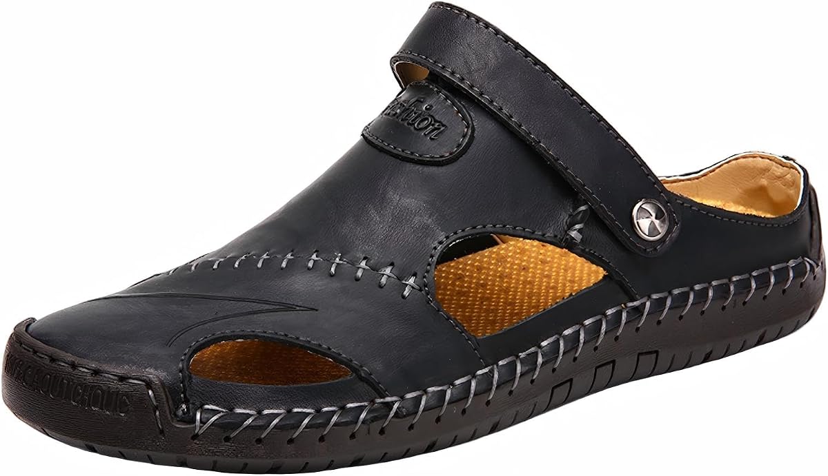 Men's Leather Closed-Toe Sandals Adjustable Non-Slip Breathable Summer Shoes