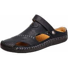 CHICLOVEY Mens Leather Closed-Toe Sandals Adjustable Non-Slip Breathable Summer Shoes