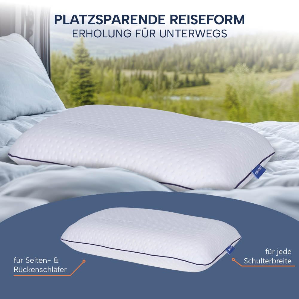 Reisekissen Memory Foam, kleines ergonomisches Reise Nackenkissen 40x25x10 | Kleines Kopfkissen für Reisen im Flugzeug, Auto, Zug, Hotel & Camping, Reisekissen Nackenstütze, aufrollbar, orthopädisch