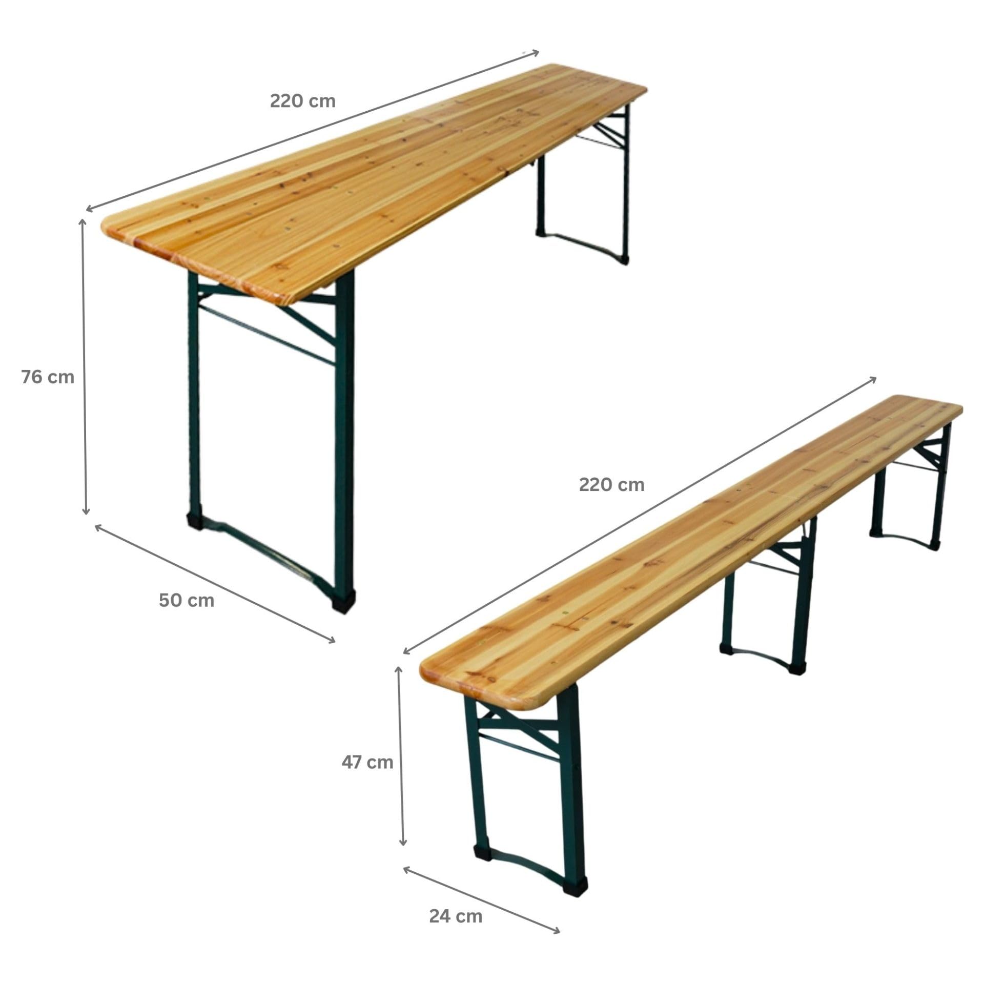 CHEFGASTRO Bierzeltgarnitur mittig klappbar 220 cm breit 3-teilig 1x Tisch 2X Bierbank, lackiertes Holz inkl. 16x Bodenschoner aus Kunststoff Biertischgarnitur Festzeltgarnitur Gartenmöbel-Set