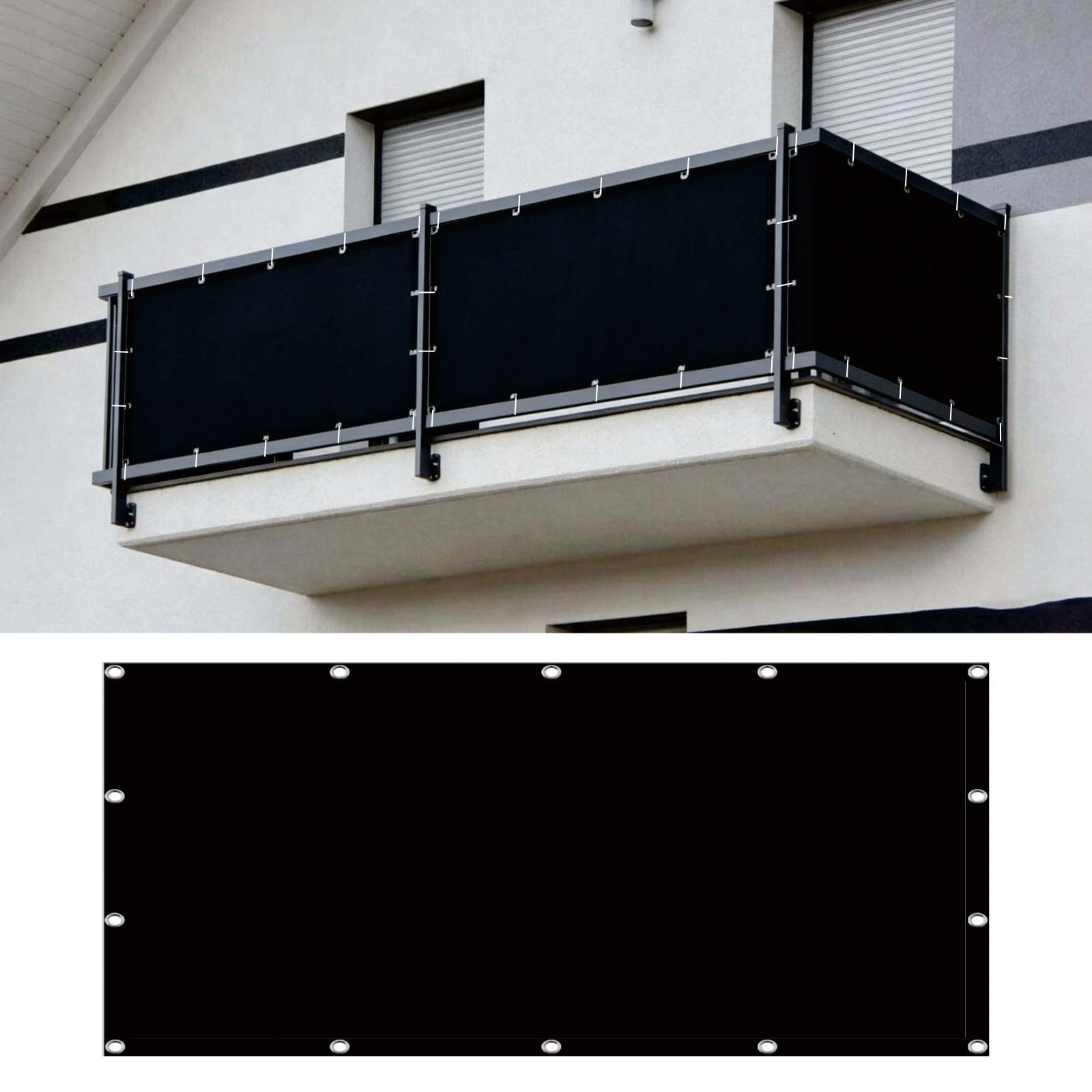Brise vue balcon imperméable 120 x 260 cm noir anti UV avec fixations