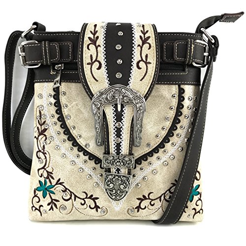Justin West Western Concealed Carry Tooled Leather Laser Cut Buckle Embroidery Messenger Cross Body Handbag Purse - Main Image
