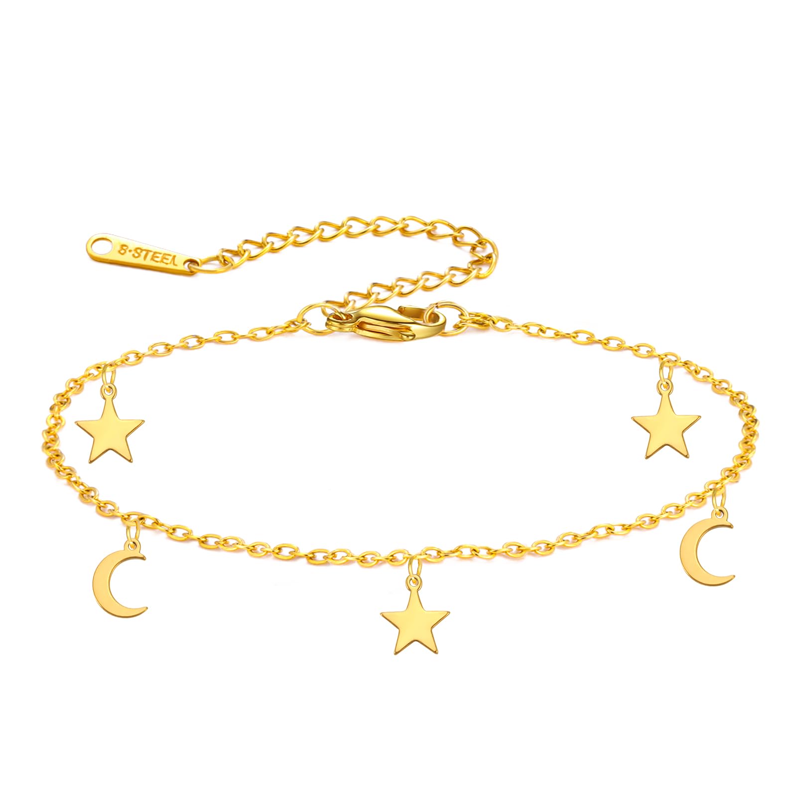 Amaxer Adjustable Star Moon Anklet Bracelet Stainless Steel Lightweight Foot Chain for Women Summer Beach Jewelry