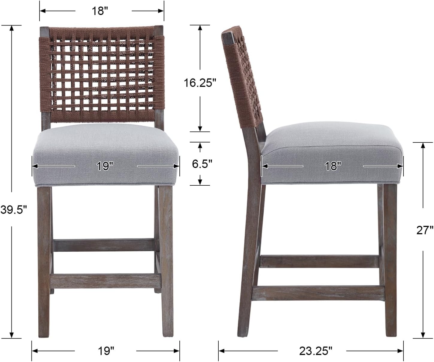 27" Farmhouse Counter Height Bar Stools Set of 4 for Kitchen Island Midcentury Linen Upholstered Stool Chairs with Wicker Backrest and Wood Legs for Home Bar/Dining Counter/Patio, Grey