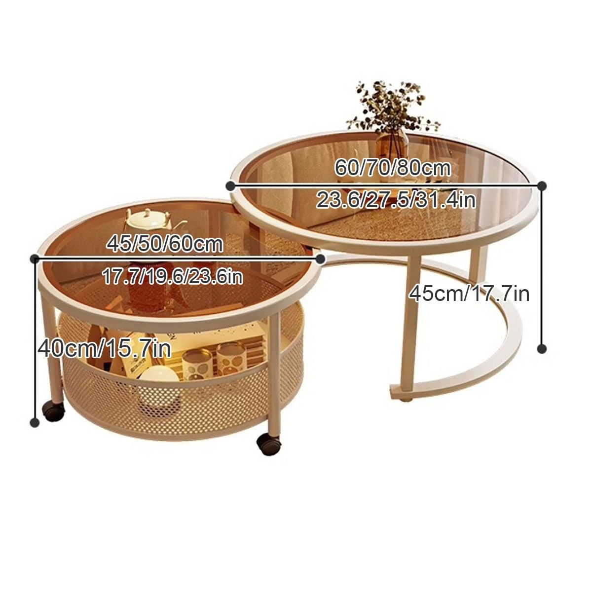 Set di tavolini impilabili con piano in vetro e struttura in metallo, design salvaspazio impilabile per soggiorno, camera da letto o ufficio