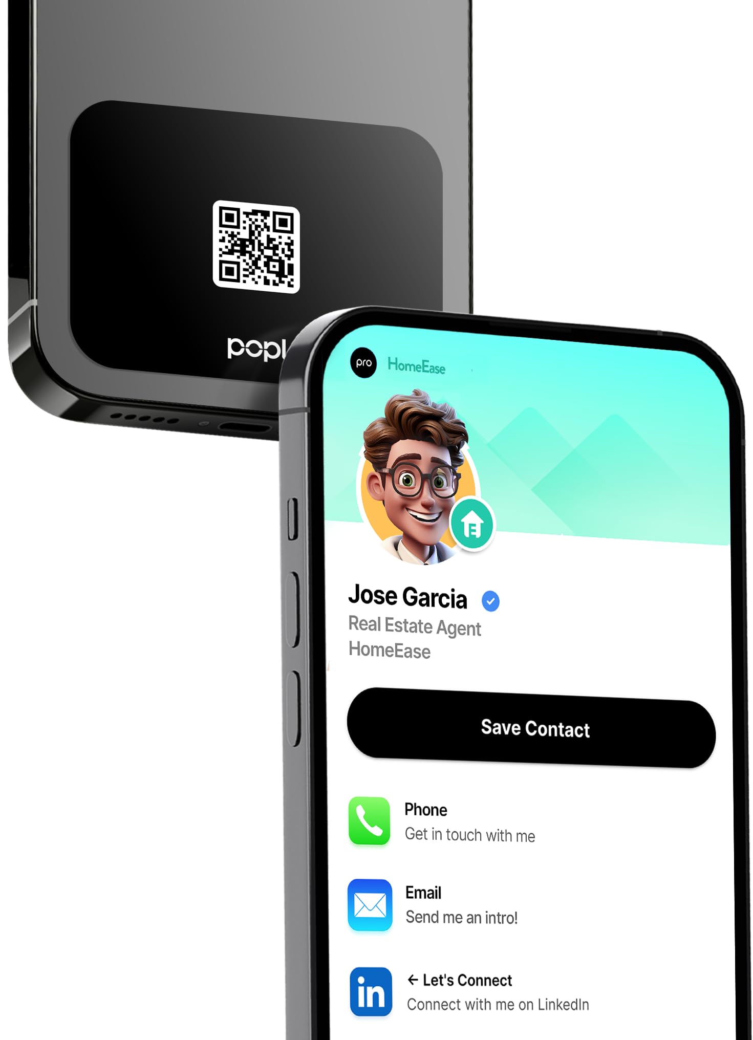 Popl PhoneCard™ Thin - Digital Business Card for Back of Phone - Tap to Share NFC & QR Code - Compatible with iPhone & Android (Black)