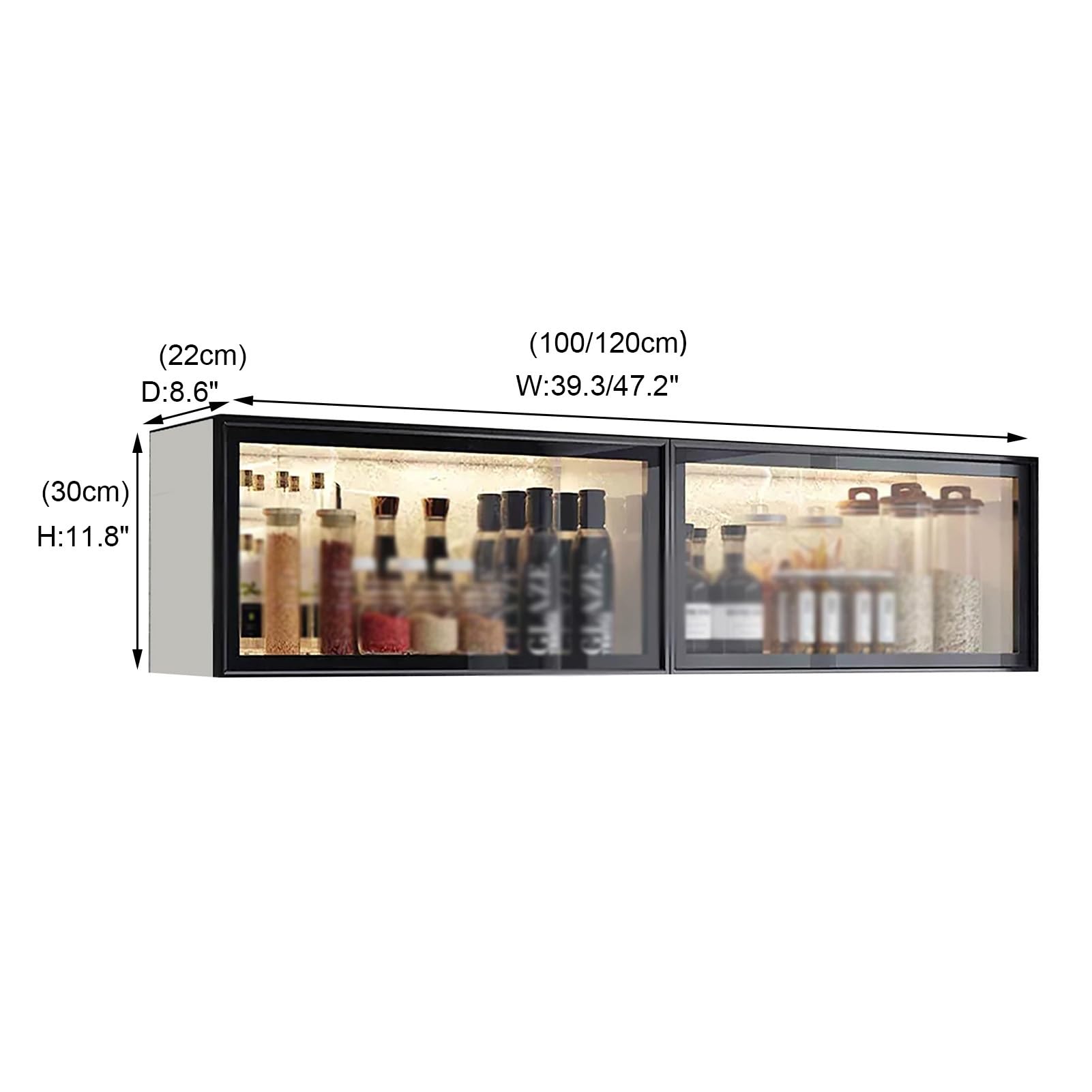 Vitrine murale de cuisine, garde-manger élégant gris/blanc avec portes, suspension sans perçage pour salle à manger, 120 x 32 x 19 cm, design moderne noir/B, solution gain de place