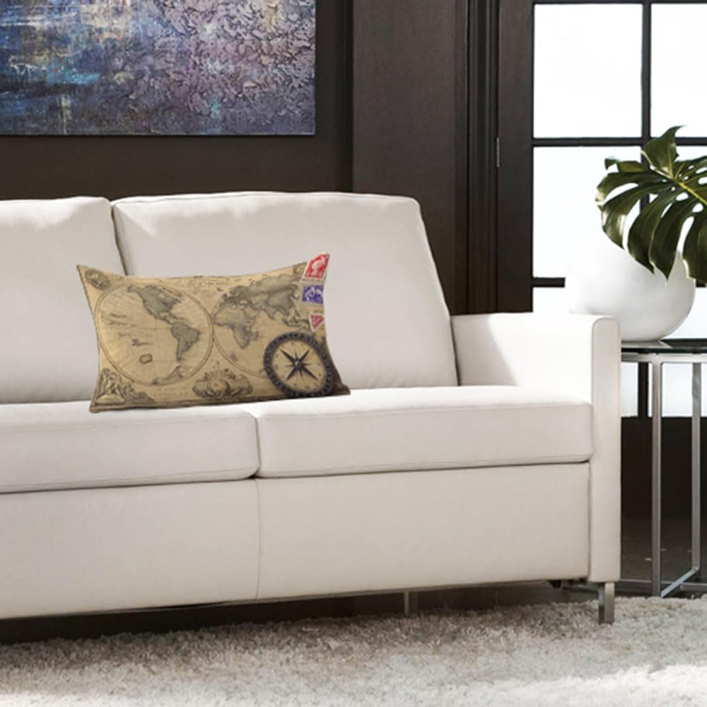 AOYEGO World Map Throw Pillow Cover 12x20 Inch Vintage Postcard Compass Nautical Travel Trip Rectangle Pillow Cases Home Decorative Cotton Linen Cushion Cover for Bed Sofa image 2