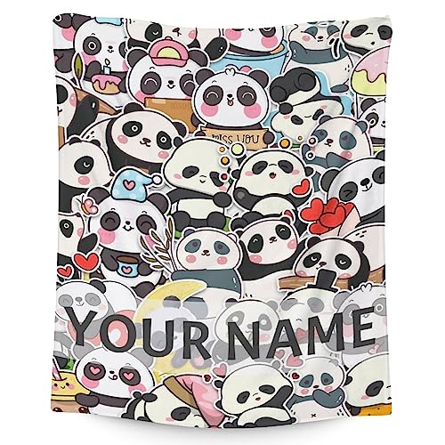Personalized Panda Blanket Gifts with Name - 30"x40" Cute Throw Blanket for Kids, Adults - Black Soft Fuzzy Blankets for Couch & Sofa