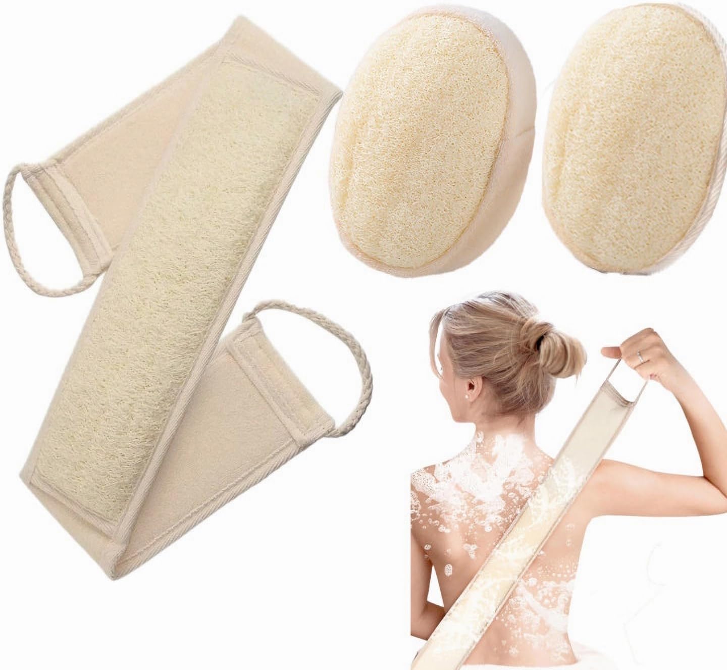 Exfoliating Natural Loofah Sponge Back Scrubber for Shower, Shower Scrubber for Body and Face,Exfoliating Loofah Sponge Pads for Men Women,3 Pack Natural Luffa Deep Clean Invigorate Your Skin