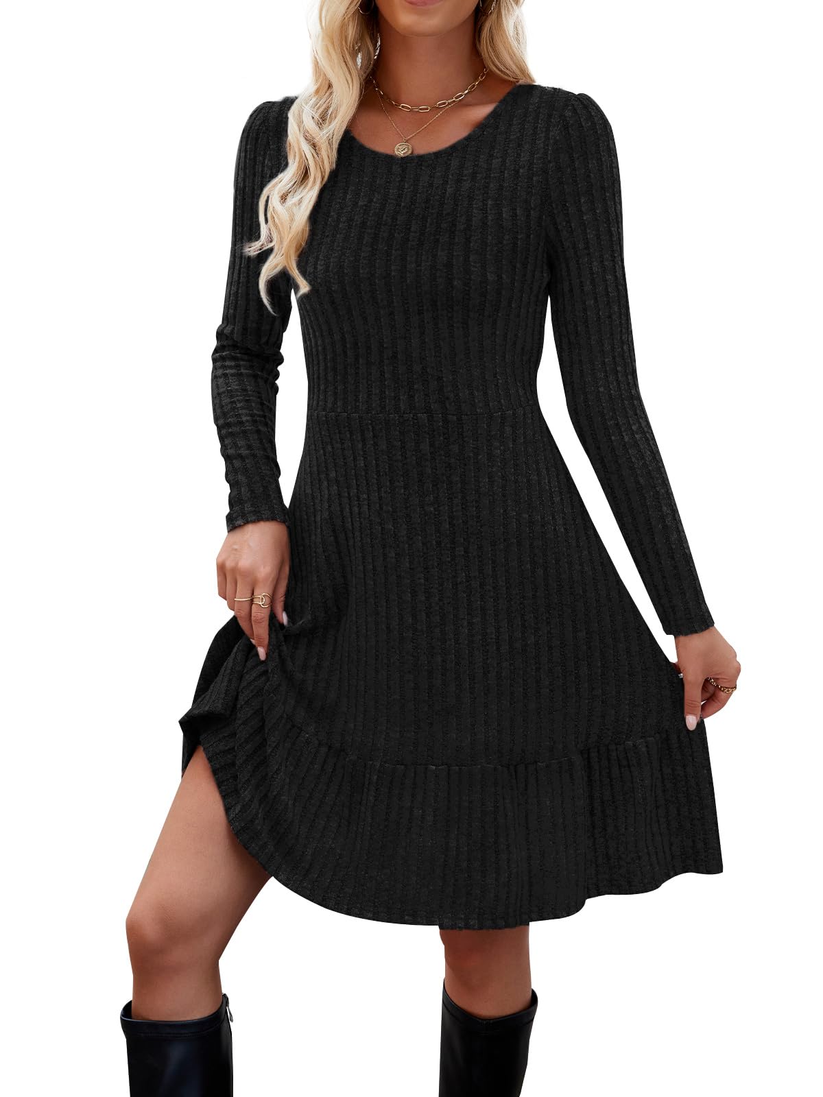 Zetieny Vestito Casual Donna Abito in Maglia a Maniche Lunghe con Scollo Rotondo Pullover Tinta Unita Autunno e Inverno