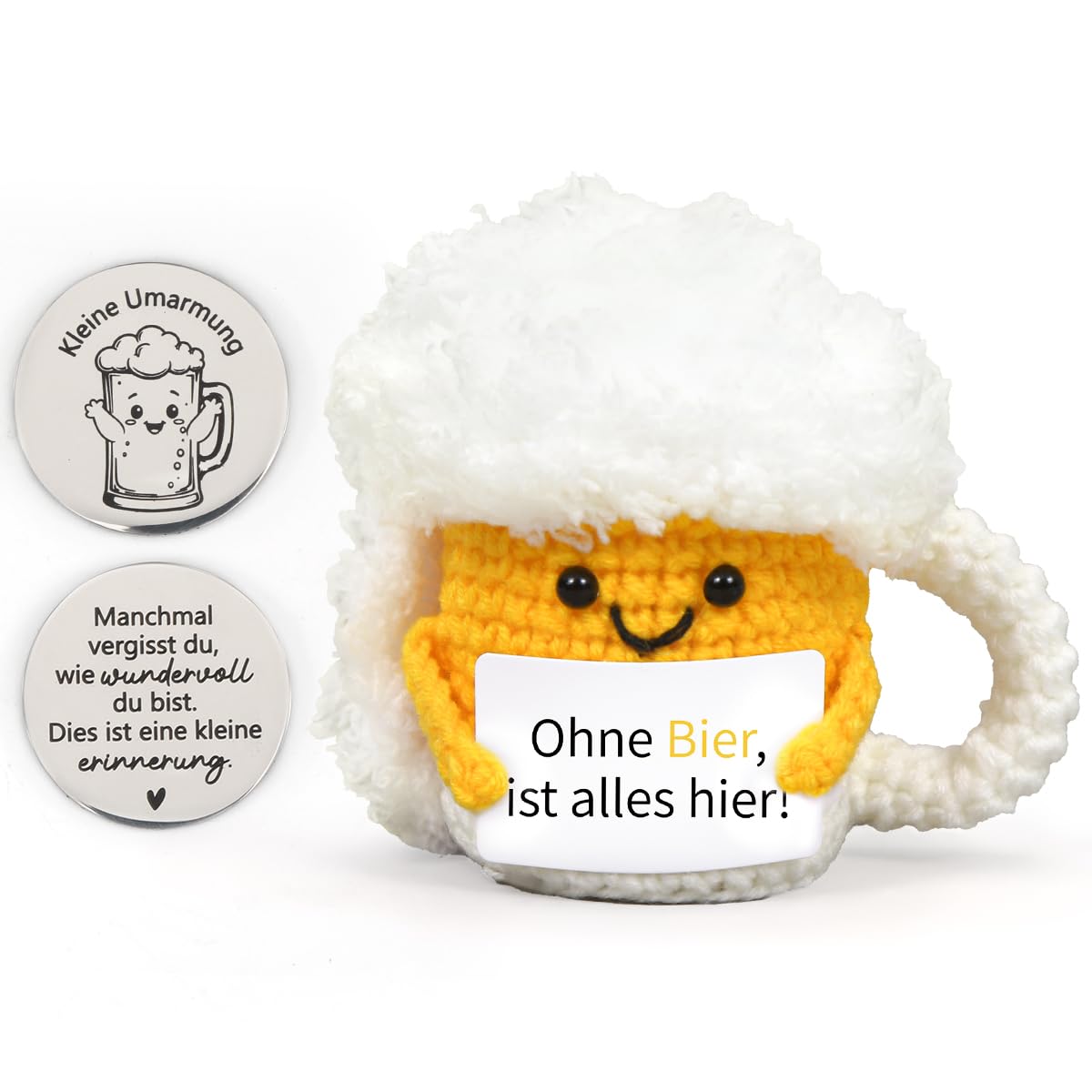 HUKUMA Bier Geschenke für Männer,Gestrickte Puppe Bier Anti Stress Geschenke,Positive Kuscheltier,Gehäkeltes Emotional Support Geschenk,Pocket Hug Stress Relief Gifts
