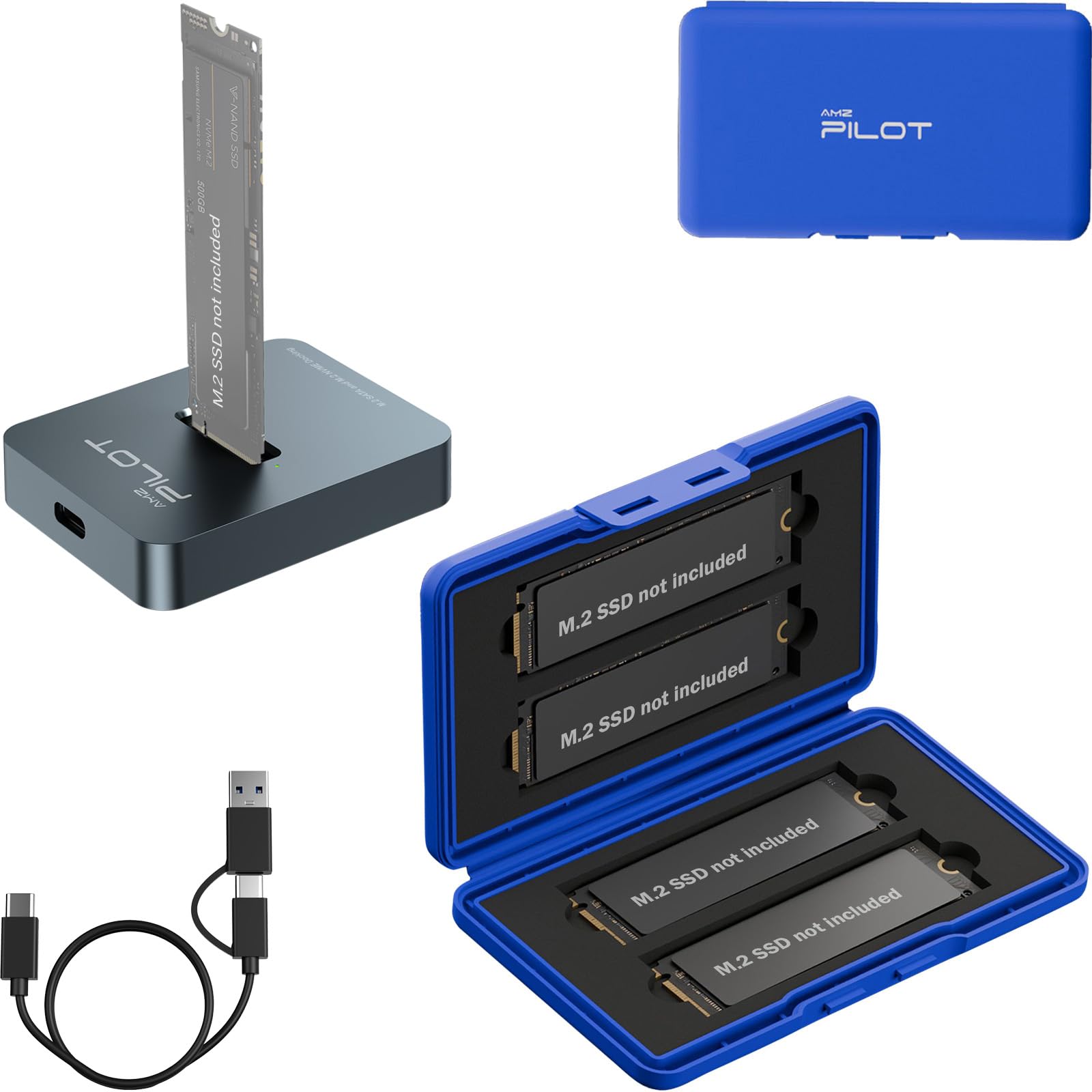 AMZPILOT M.2 NVMe & SATA to USB C Docking Station Aluminum Alloy + 4 Slots M.2 2280 2260 2242 2230 Storage Box Blue, Eco-Friendly Shockproof Water-Resistant M.2 SSD Holder with Label & Notepaper