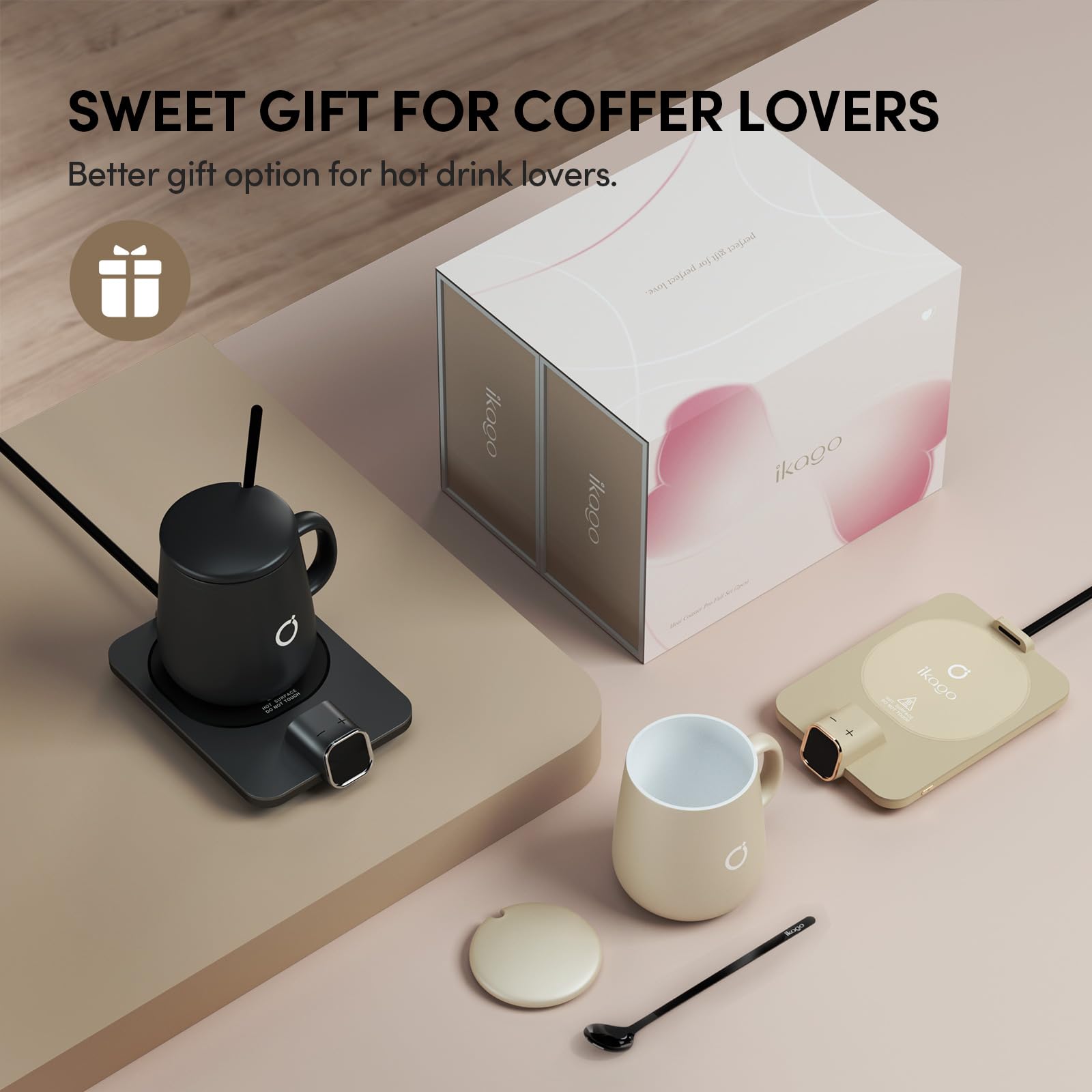 ikago - Juego de 2 tazas de café calentadas y tazas – Plato calentador de tazas con apagado automático, 2 unidades, placa calentadora de taza de café eléctrica precisa para computadora, regalo fresco