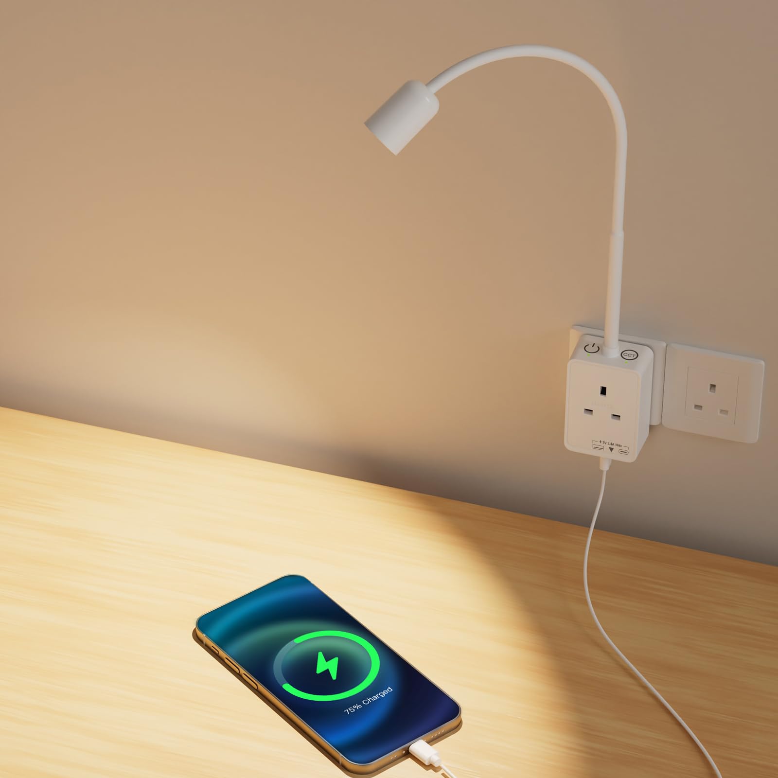 PRINCEWAY Plug in Dimmable LED Reading Light, Flexible White Wall Sconce Spot Light with Power Plug and Socket for Bedroom, Two Touch Switches, 3 Lighting Color Modes, USB Output Charging Function