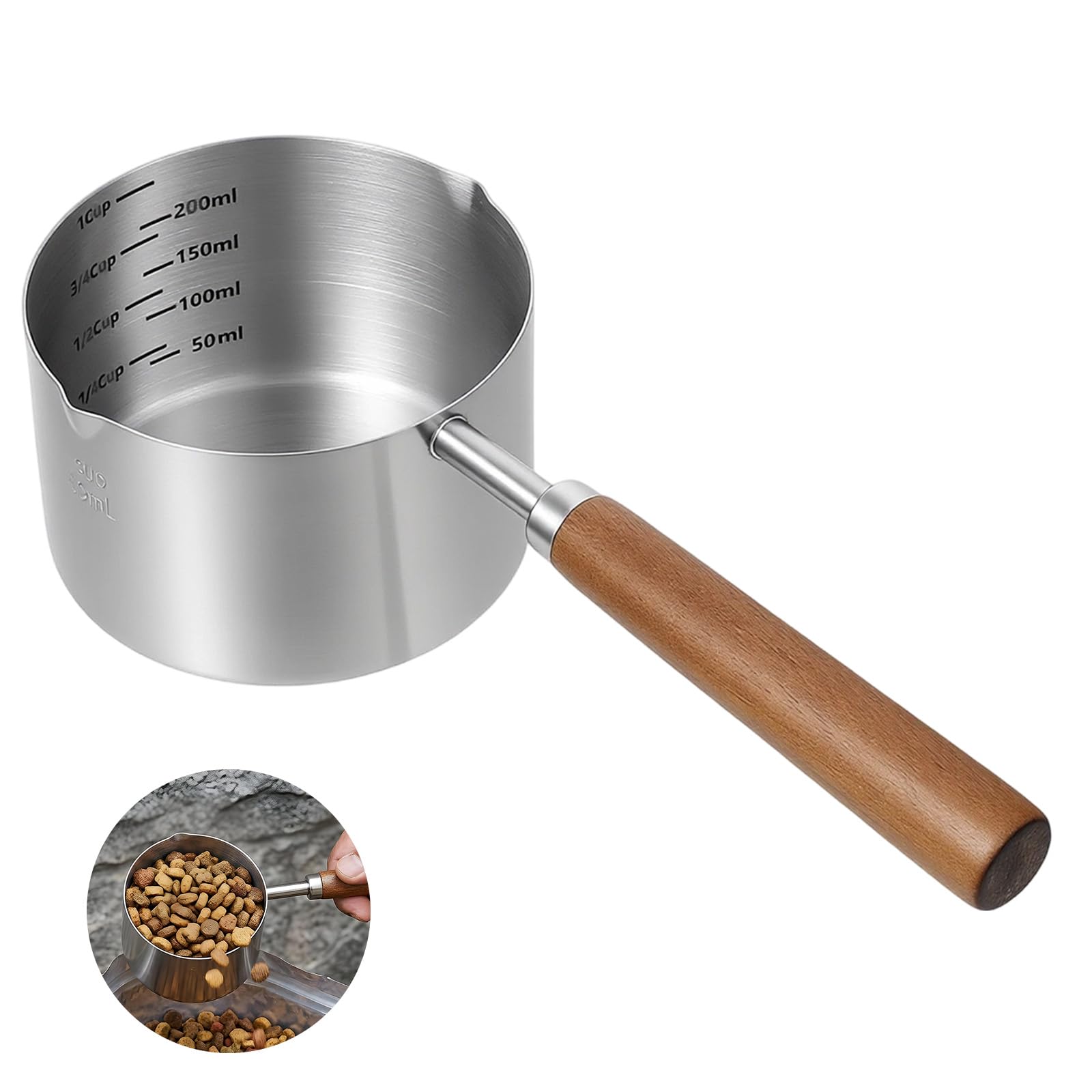 Cat Dog Food Measuring Cup, 304 Stainless Steel 1 Cup Dog Food Scoop with Precise Markings(ML/Cup) & Long Wooden Handle for Pet(Silver)