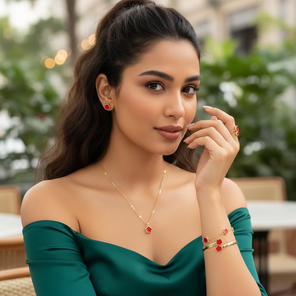 Clover Jewelry Set for Women Non Tarnish Gold-Tone Five Leaf Clover Necklace, Earrings, Ring, Bracelet Fashion Simple Floral Jewelry Set - Image 3