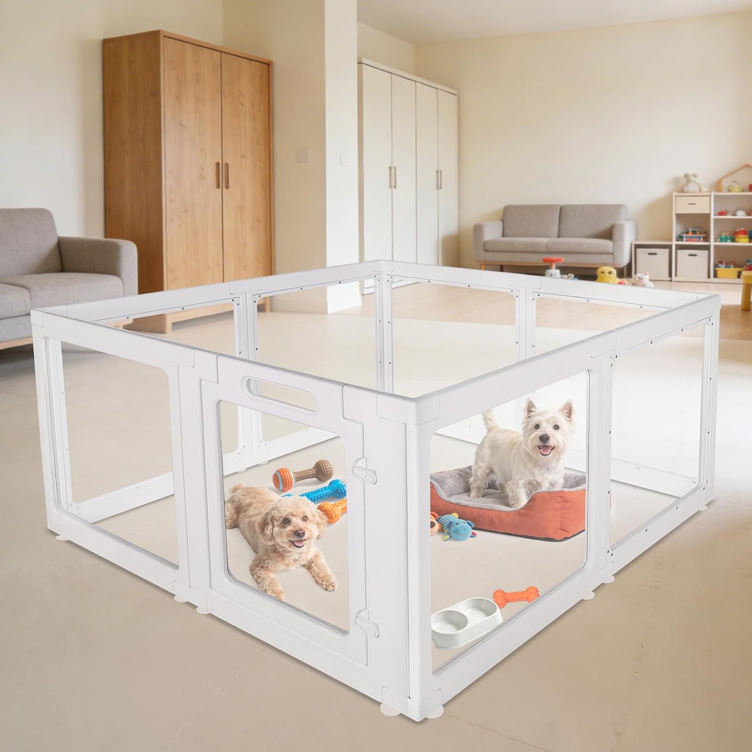 Clear Acrylic Plastic Dog Playpen with Door, 23.6"H Transparent DIY Puppy Cat Pet Play Pen, Modular Fence for Dog, Cat, Pig, Rabbit, Ferret, Easy Assemble Dog House Crate Kennel Whelping Cage