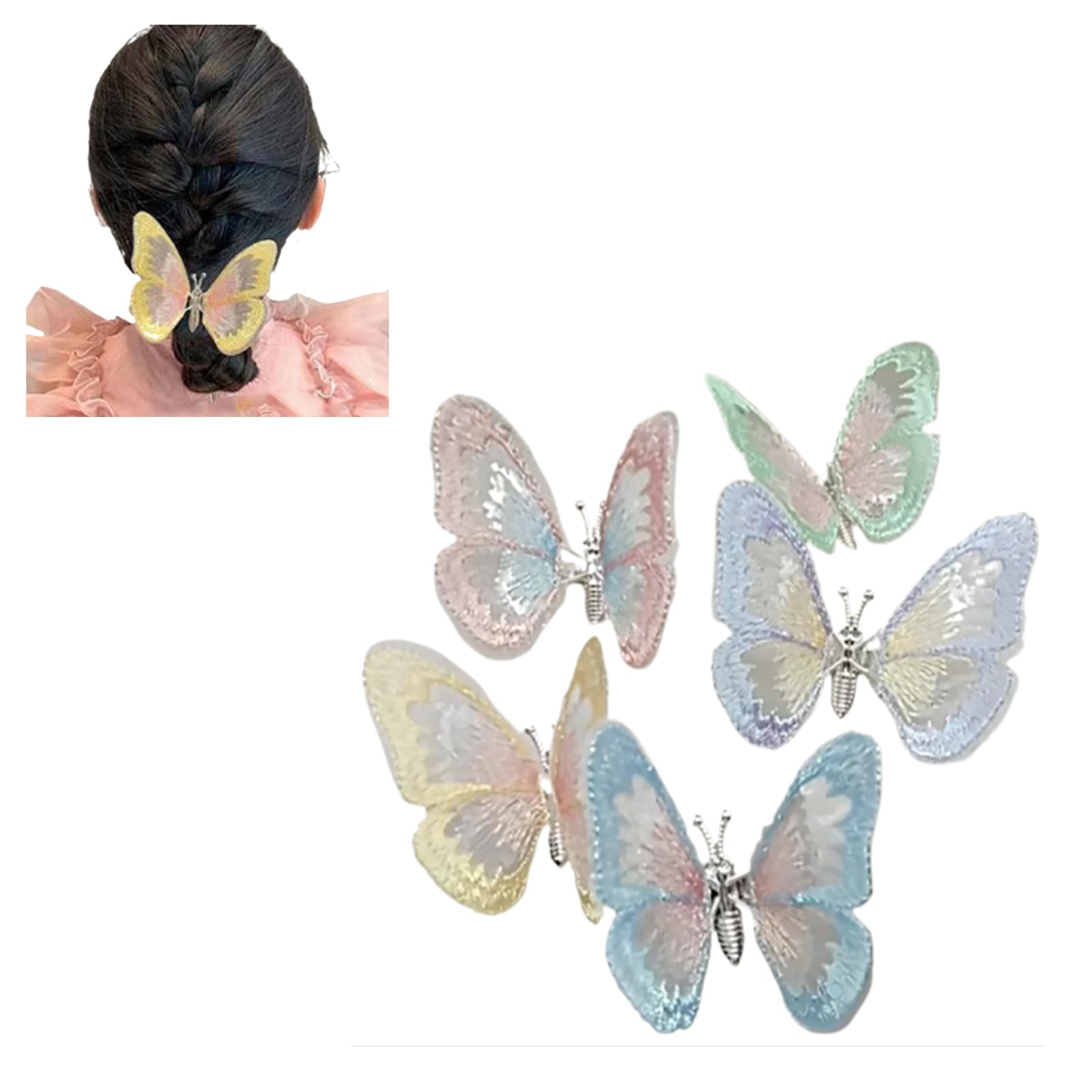 5 piece Butterfly Hair Clips, Decorative Pastel Rainbow Wings, Fashion Hair Accessories for Women, Multi-Color Glitter Hair Pins Multi-color-1 middle