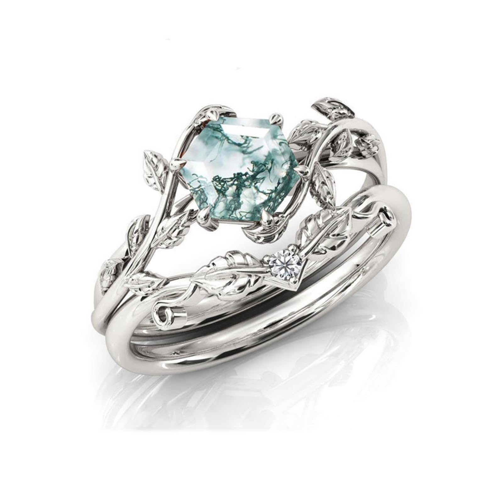 Seiyang Natural Moss Agate Ring 925 Sterling Silver Moss Agate Engagement Ring Set Promise Wedding Ring Jewelry Gift for Women