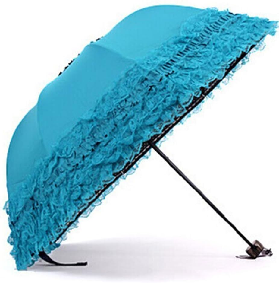 Women Princess Blue Beatiful Trim Folding Mini Sun UV Protection Waterproof Umbrellas Travel Umbrella