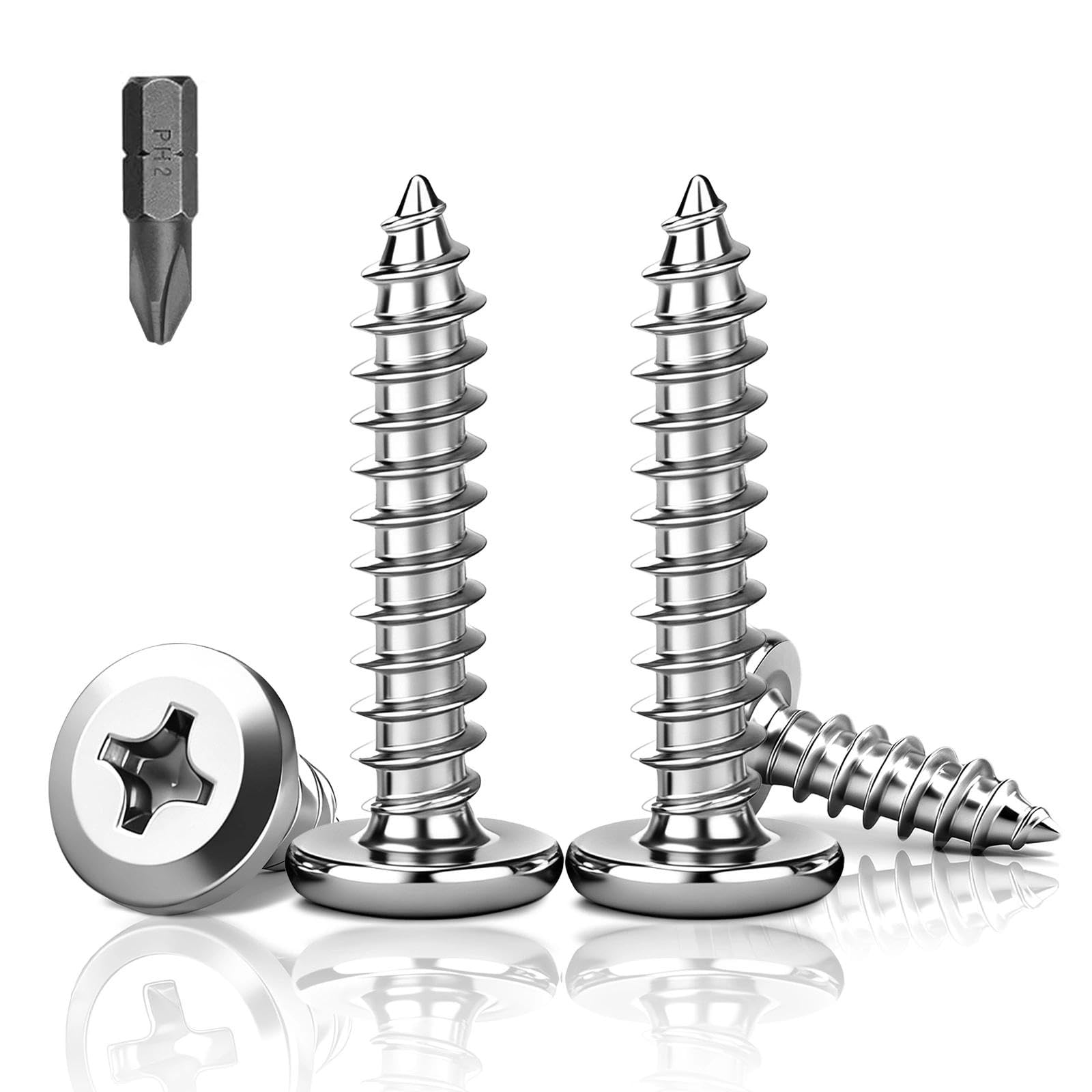 PDKKFF 60Pcs M6x40mm Flat Head Self Tapping Screws, 304 Stainless Steel Phillips Drive Fastener Screws, Silver Cross Drive Self drilling screws for Wood and Furniture โ image 1