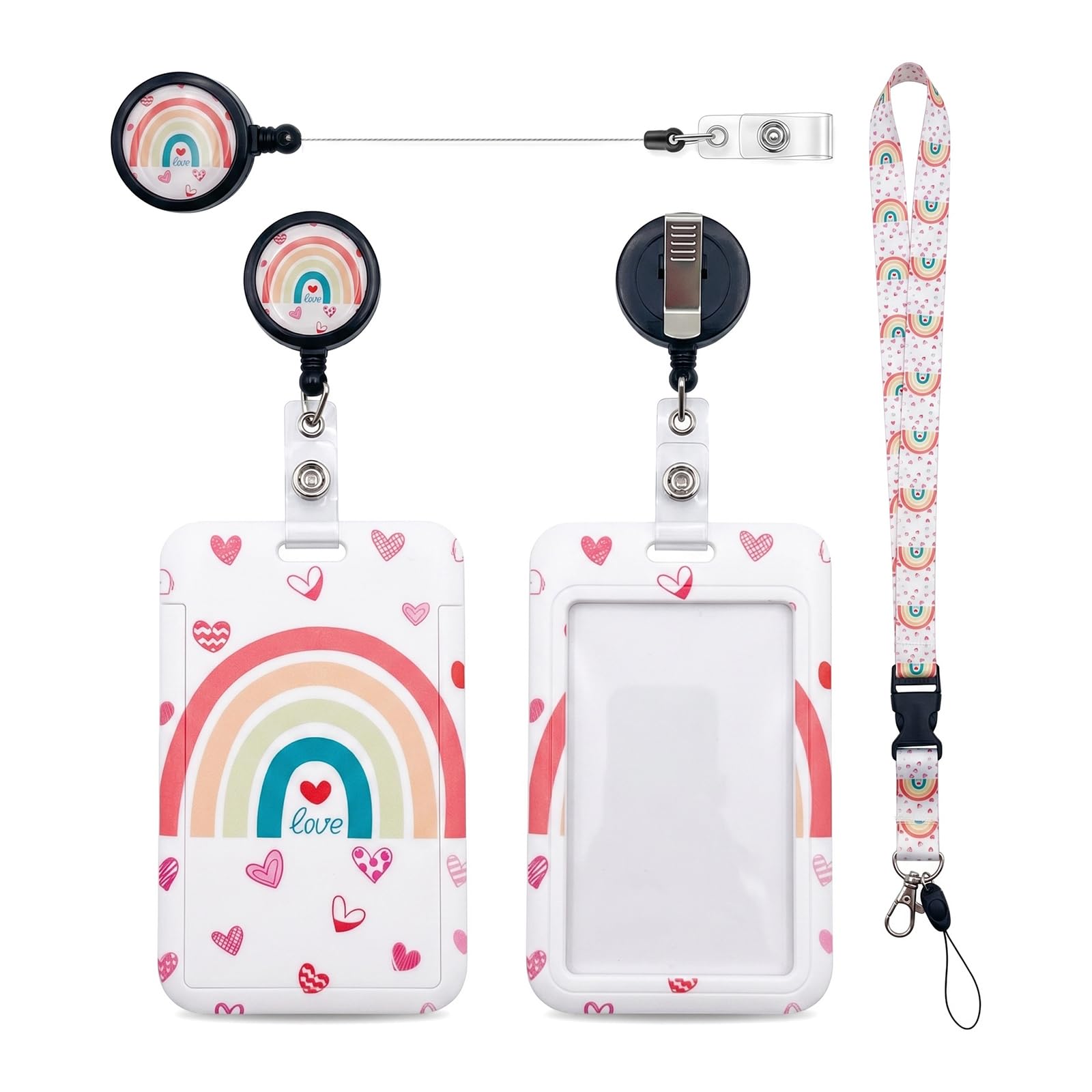 YiYFiT Sliding Badge Holder with Lanyard, Rainbow Hearts ID Holder with Retractable Badge Reel Carabiner Clip, Detachable Lanyard Card Protector for Business, Office, Exhibition, School(Rainbow Heart) — image 1