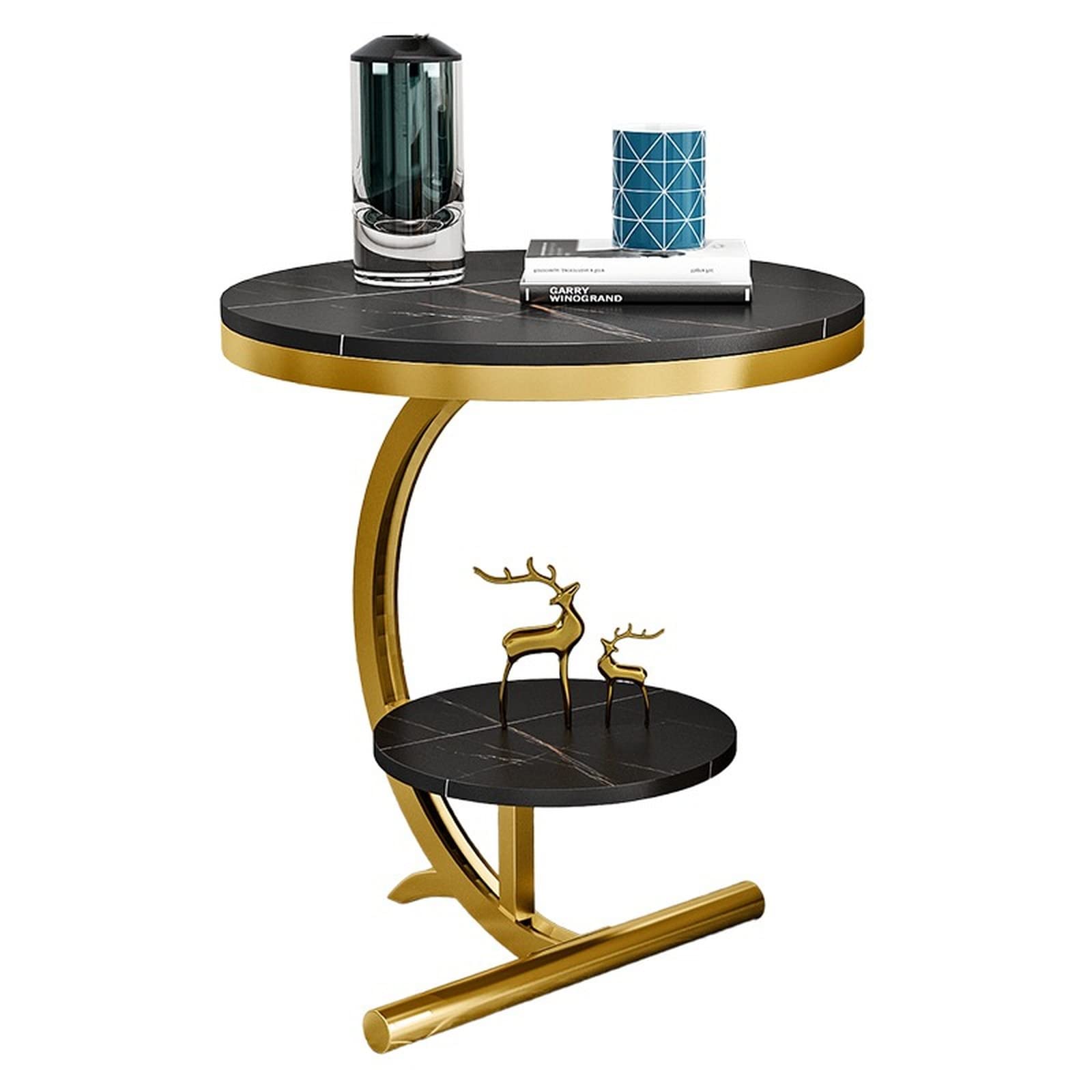 Luxury Marble Round Coffee Table Sofa Side Table Corner Table Living Room Sofa End Bedside Table Outdoor Indoor Furniture (Gold+black)