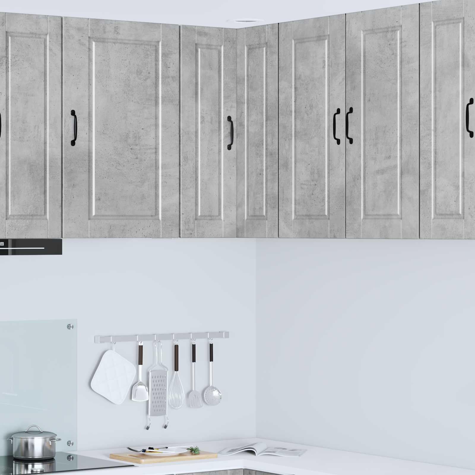 Armario esquinero de pared Porto Hormigón, gris, 57 x 57 x 80 cm, madera, 3 estantes, 2 puertas, con montaje en pared, espacio de almacenamiento para utensilios de cocina, armario de despensa