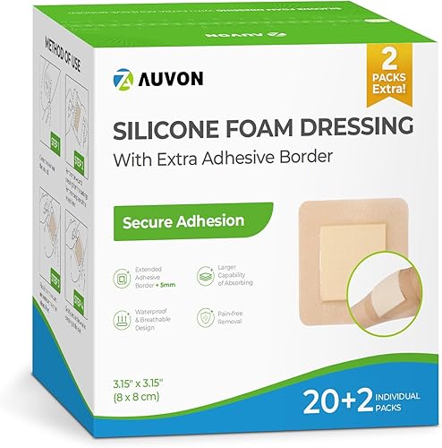 AUVON Apósito de espuma de silicona con borde adhesivo grande, 3 x 3 pulgadas, 22 paquetes de vendaje de vendaje para heridas con alta absorción,