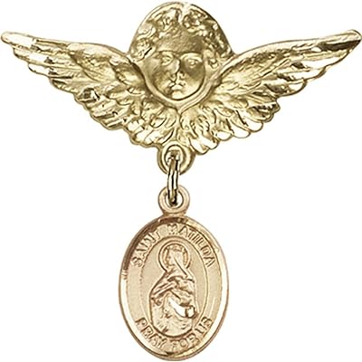 14kt Yellow Gold Baby Badge with St. Matilda Charm and Angel w/Wings Badge Pin 1 1/8 X 1 1/8 inches