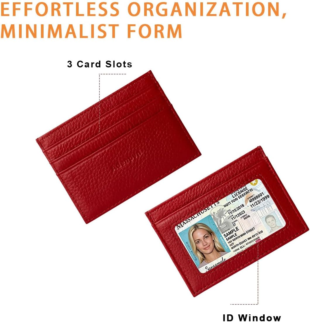 Leather credit card holder Minimalist Slim Front Pocket Wallet with ID Window Stylish and Durable Unisex Card Case (RED)