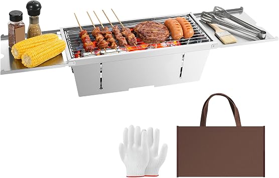 Uten Charcoal Grill, Stainless Steel Folding Portable Grill with Foldable Condiment Plates, Lightweight & Heat Resistant, Smoker BBQ for Camping, Tailgating, Picnics, Beach Barbecues17.3" x 8.7"