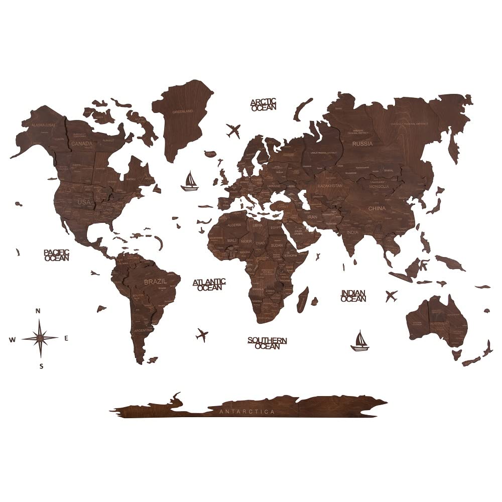 Wooden Art Studio 3D Wooden World Map Espresso | Modern Wall Decor | Home & Office Decor | Wall Hanging Art | Aesthetic Wooden Map - Basic - Size (XL-200 X 120 cm)