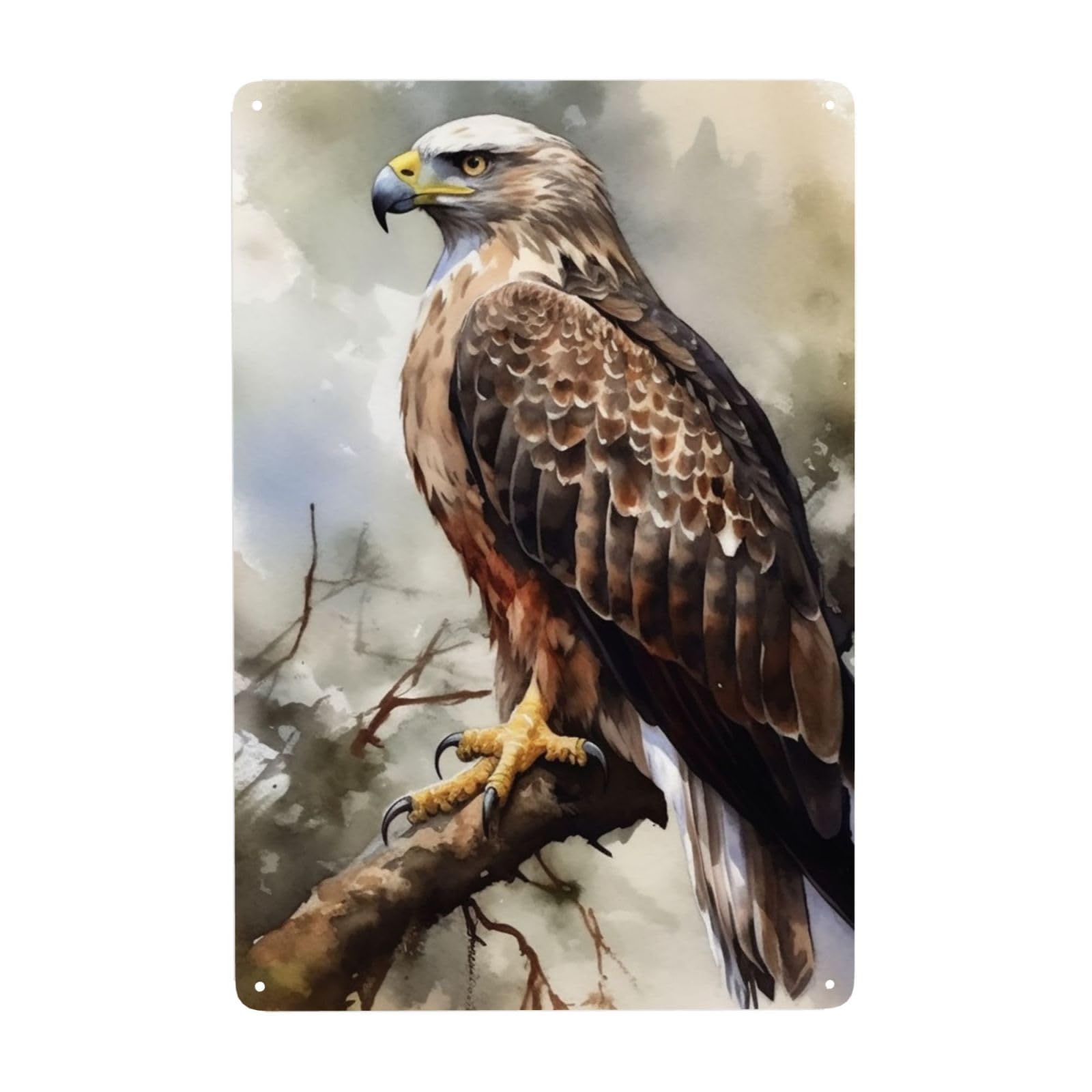 Vintage Metal Tin Signs Retro Garage Signs Stylish Wall Art Plaques for Home Decor Unique Poster 8x12 Inch Watercolor of Hawk Sitting in The Tree Metal Sign Outdoor Wall Decorations Gifts