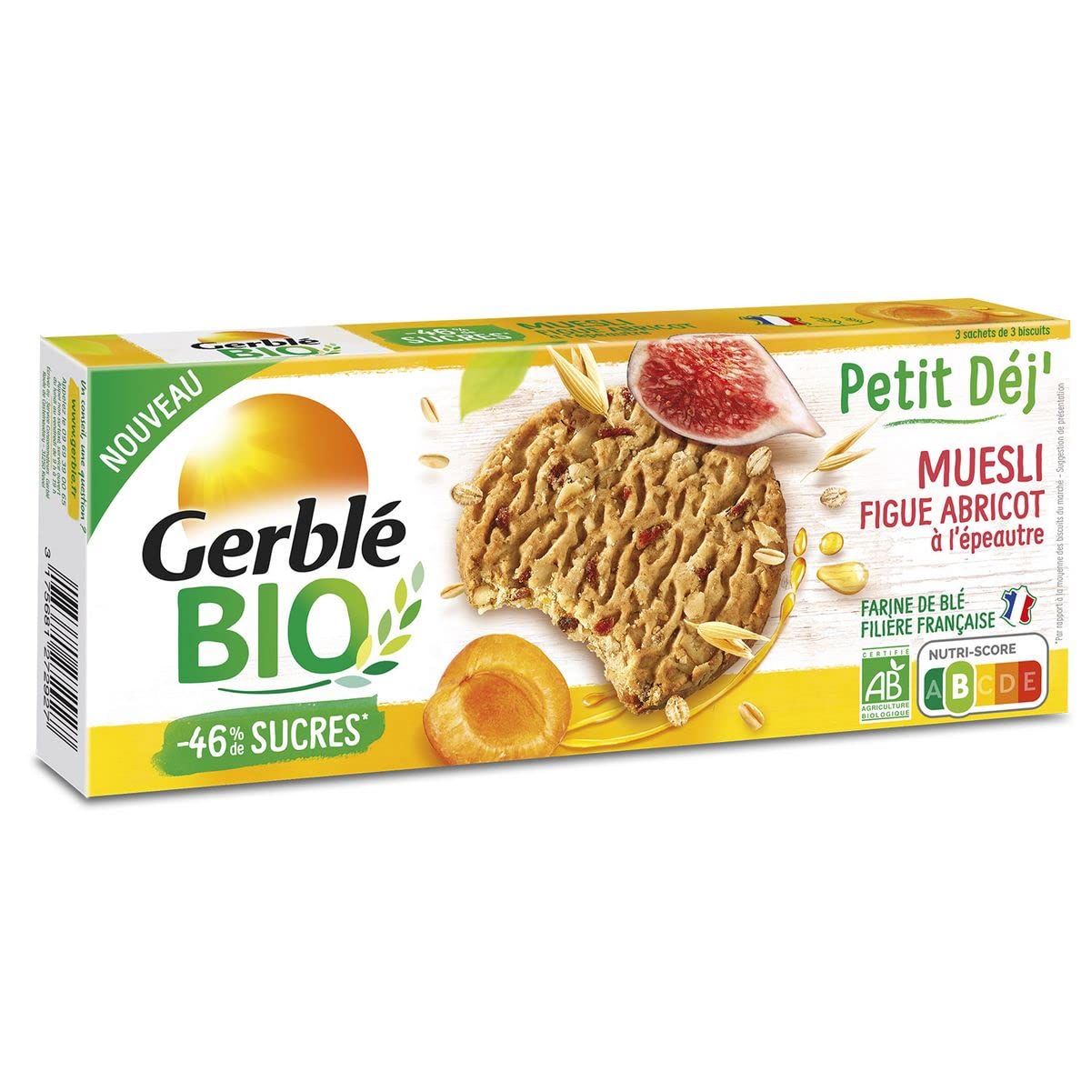 Gerble - Confezione da 6 biscotti biologici per cereali, fico, albicocca con farro, 132 g