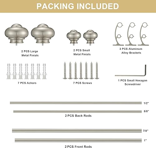 Miniatura 6 de Barras de cortina dobles para ventanas de 36 a 72 pulgadas, barra de cortina telescópica delantera de 1 pulgada y 58 pulgadas trasera con remates de