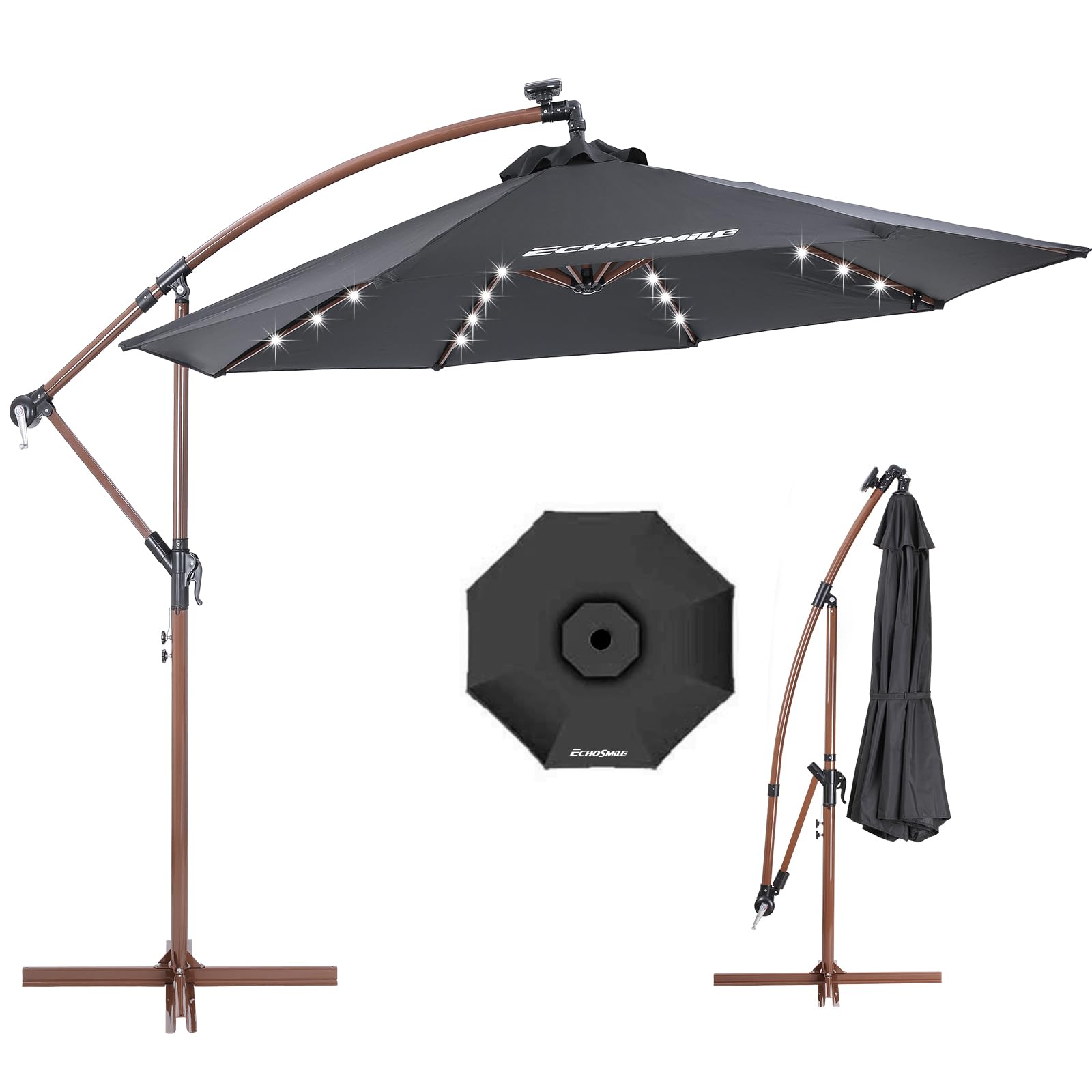 EchoSmile 10FT Solar Cantilever Patio Umbrella with 32 LED Lights and 8 Ribs, Cross Base, Tilt Adjustment, UV-resistant fabric for Deck, Pool, Garden, Backyard, Black
