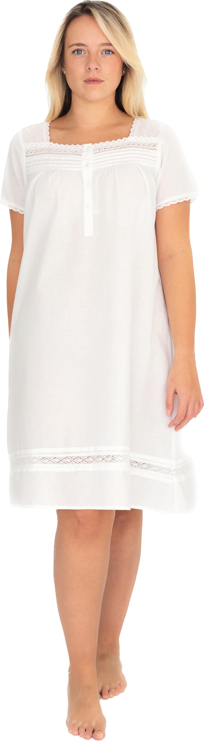 Lunn Antiques Women's White Cotton Victorian Nightdress Dot And Lace | One Size, Shortsleeve