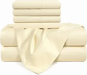 Casa Platino 100% Egyptian Cotton Sheets California King Size Set - 6 Pcs (1 Flat, 1 Fitted, 4 Pillowcases)- Ultra Smooth Sateen Weave Bed Sheets Set with 15" Deep Pockets - Ivory