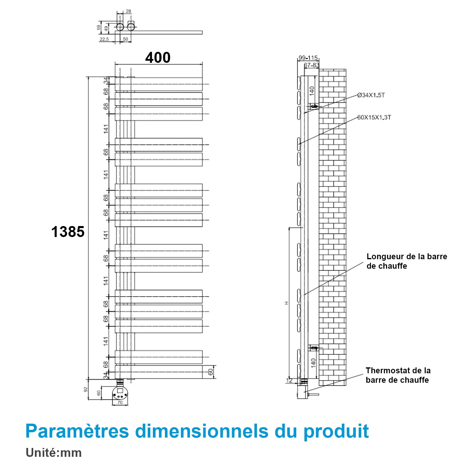 Heilmetz seche Serviette Electrique 400 x 1385 mm,avec élément Chauffant thermostatique et Fonction minuterie, radiateur sèche Serviette Plat, raccordement latéral（Blanc）