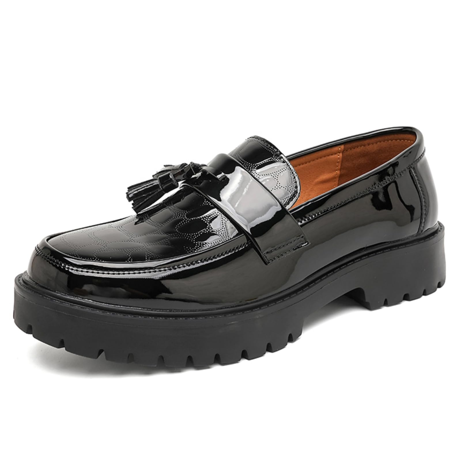 Mocasines Plataforma Hombre Zapatos Vestir Slip-On De Piel Charol | Zapatos Formales De Estilo Moderno Con Borlas, Puntera Redonda Y Suela De Goma, Para Bodas Y La Oficina
