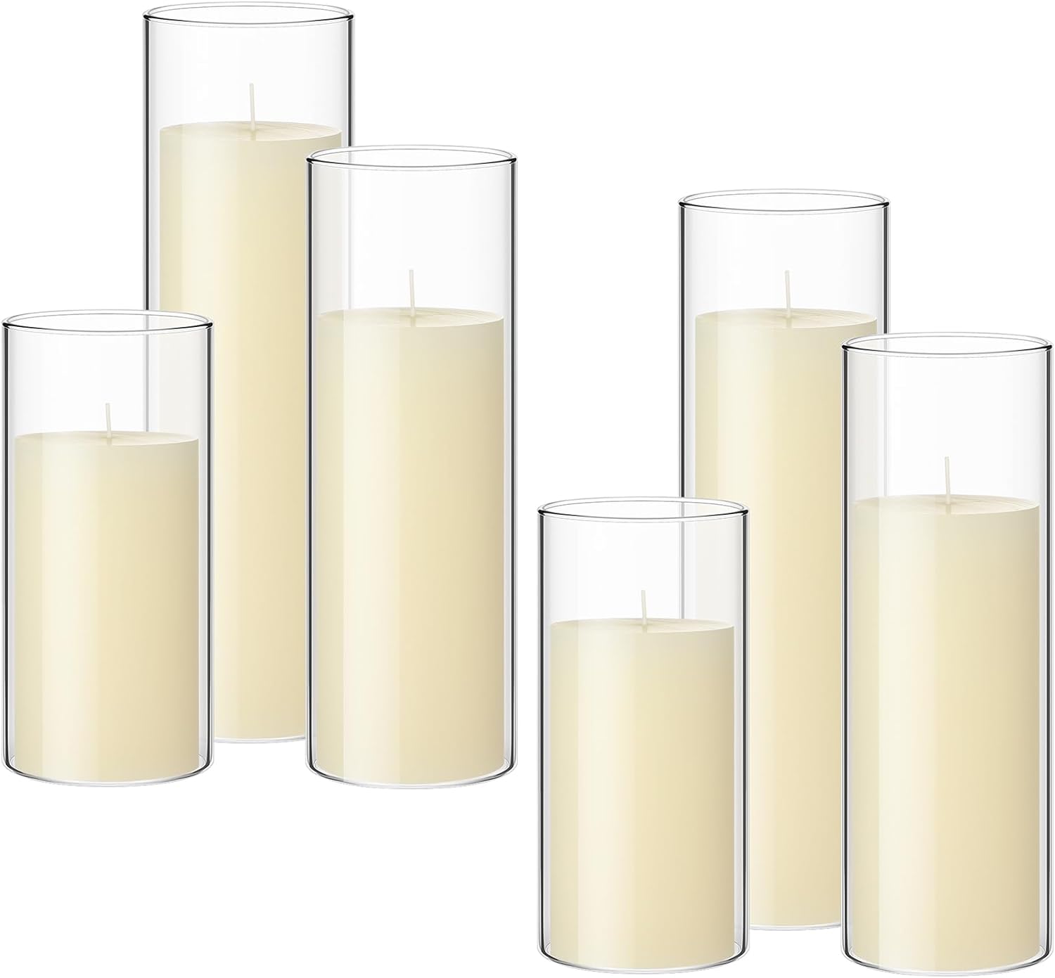 ( incomplete/ only 5)Shihanee Set of 6 Pillar Candles and Glass Cylinder Vases Clear Cylinder CandleHolders for Slim Tall Pillar Candles Wedding Centerpieces Ivory White 3.4'' X 7\", 9.8\", 11.8\"
