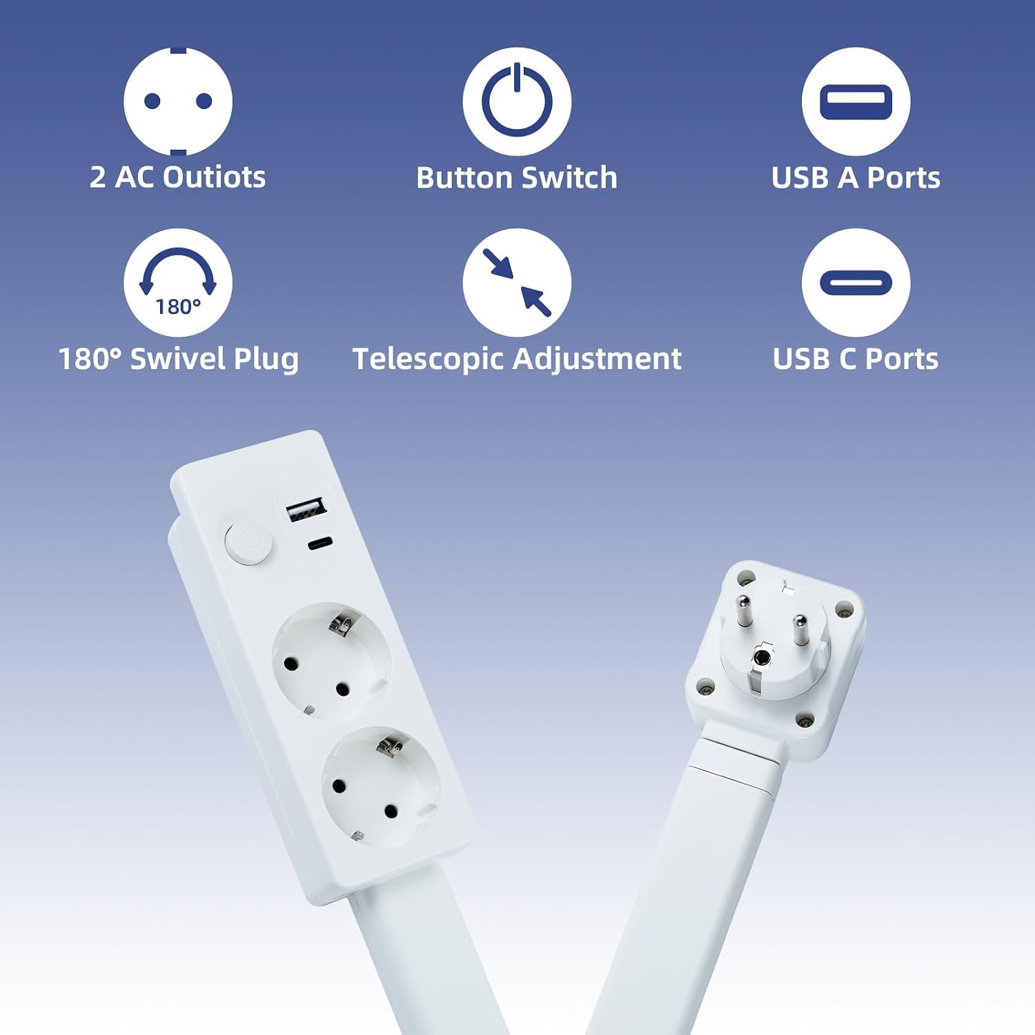Wysuwane i obrotowe gniazdko ścienne z USB-A, USB-C i 2 gniazdami - idealne do wąskich narożników, takich jak stoliki nocne, sofy i biurka.
