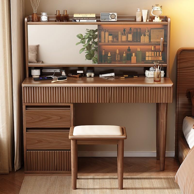 Tocador con toma de corriente y espejo de madera vintage para dormitorio 2