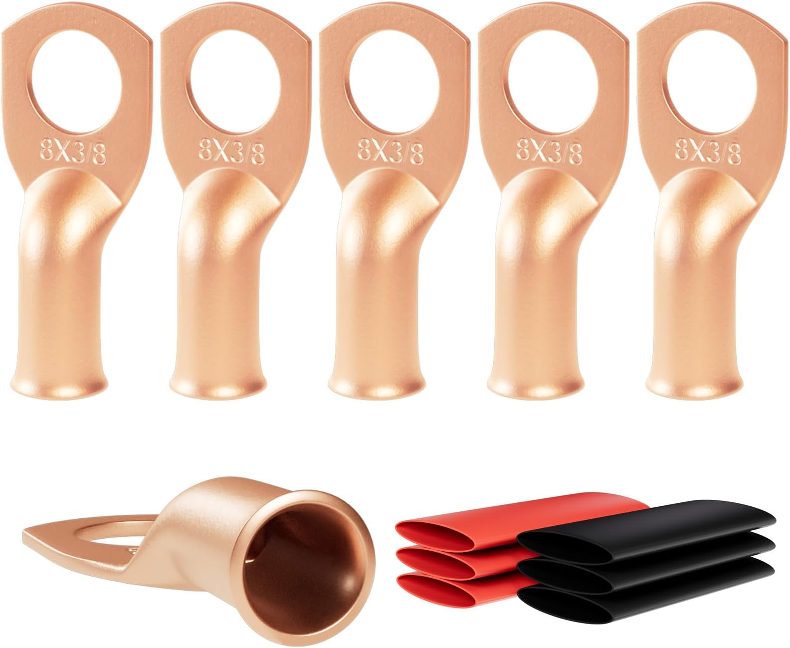 6pcs 8 Awg - 3/8" (M10) Sanuke Wire Lugs Ring Terminal Connectors Ends Heavy Duty for Battery Cable Lug Wire Electrical Eyelets with 3:1 Dual Wall Adhesive Heat Shrink