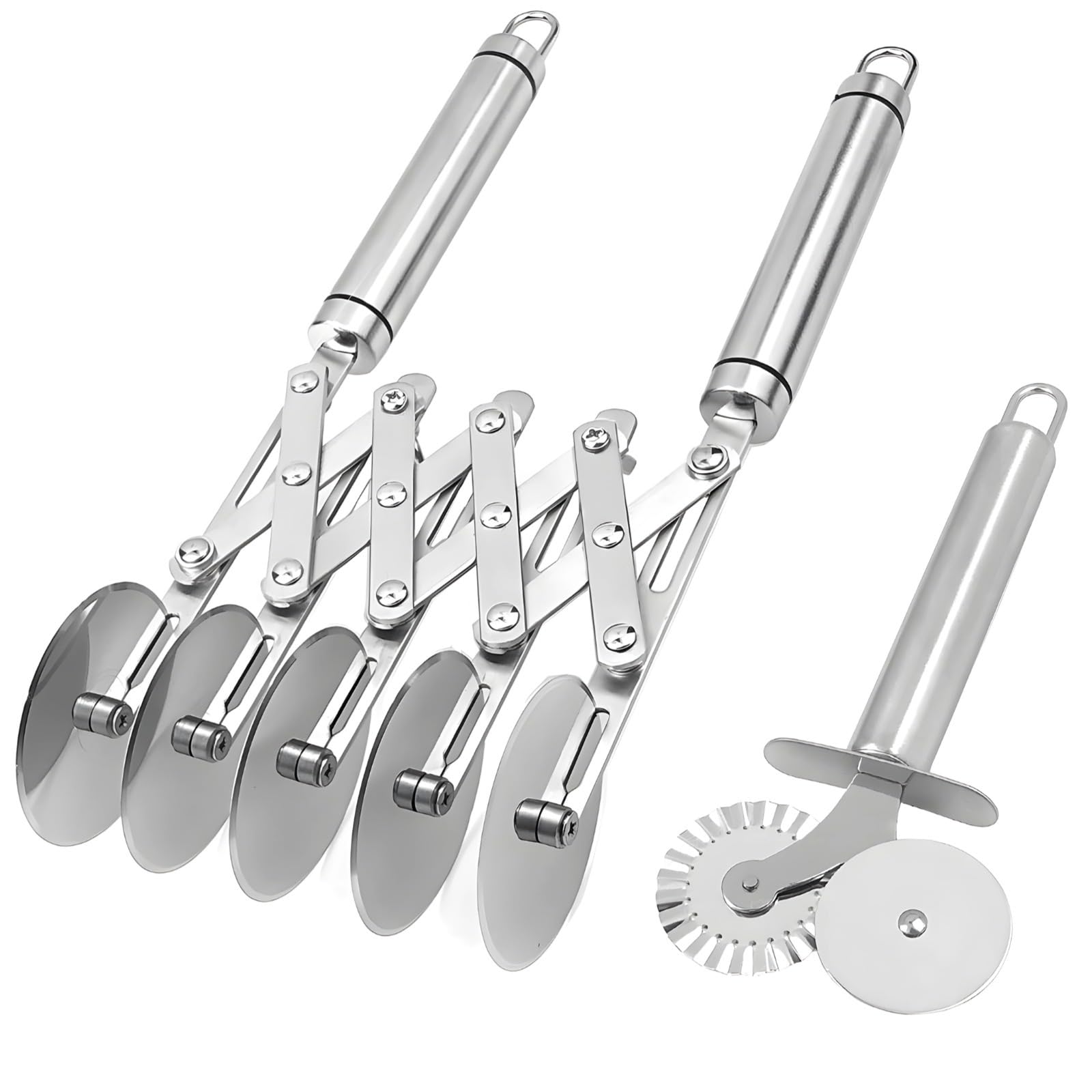 LUMINFLY Heavy Duty 5-Wheel Pastry Cutter, Multi-Wheel Dough Divider, Stainless Steel Adjustable Pasta Cutter, Includes Small Serrated Pizza Cutter for Bakers and Chefs